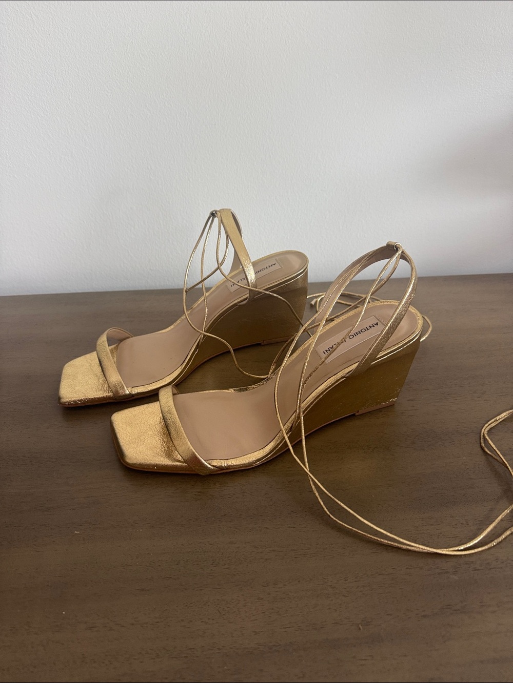 ANTONIO MELANI Metallic Gold Lace-Up Wedge Sandals
